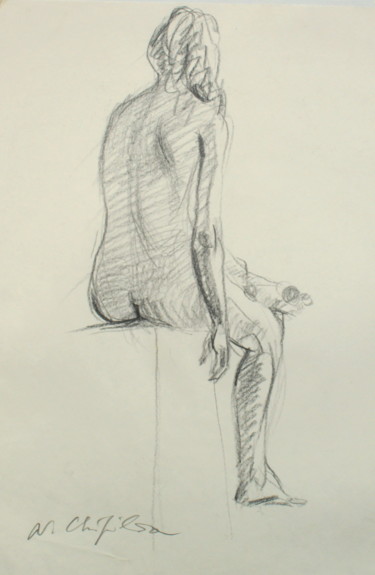 Drawing titled "Etude, nu assis 1" by Atelier N N . Art Store By Nat, Original Artwork, Pencil