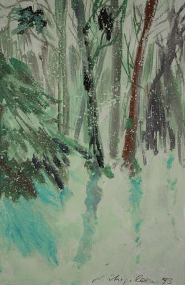 Painting titled "L'Hiver, forêt." by Atelier N N . Art Store By Nat, Original Artwork, Gouache