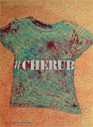Ζωγραφική με τίτλο "# Blue Red Cherub" από Atelier N N . Art Store By Nat, Αυθεντικά έργα τέχνης, Μαρκαδόρος