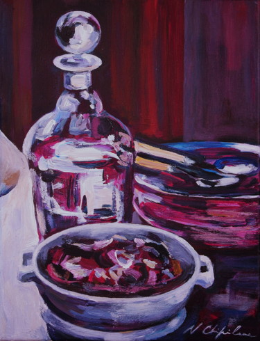 Painting titled "Carafe et dessert" by Atelier N N . Art Store By Nat, Original Artwork, Acrylic