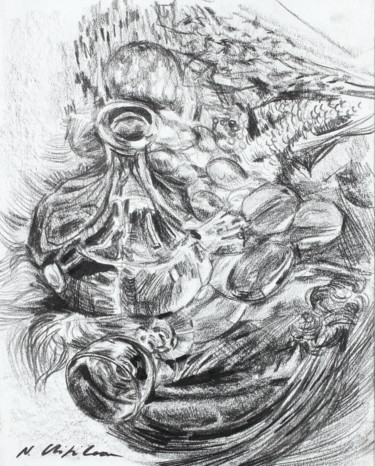 Dessin intitulée "Carafe et verre" par Nathalia Chipilova, Œuvre d'art originale, Graphite
