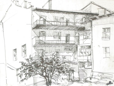 Drawing titled "La Cour, Lviv." by Nathalia Chipilova, Original Artwork, Ink
