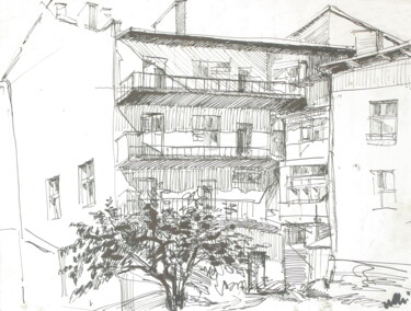 Dessin intitulée "La Cour, Lviv." par Atelier N N . Art Store By Nat, Œuvre d'art originale, Encre