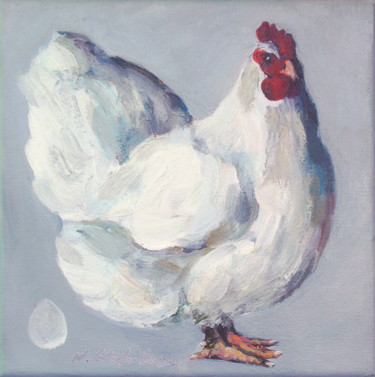 Poule Blanche sur fond gris Peinture intitulée "Poule Blanche sur f…" par Nath Chipilova (Atelier NN art store), Œuvre d'art originale, Acrylique