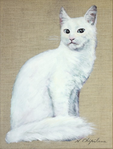 Schilderij getiteld "Chat Blanc 1" door Atelier N N . Art Store By Nat, Origineel Kunstwerk, Acryl