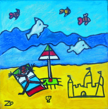 Painting titled "A la Plage, 30x30 cm" by Atelier N N . Art Store By Nat, Original Artwork, Acrylic