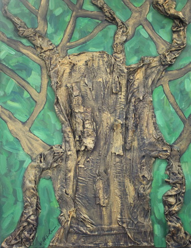 Painting titled "Golden Shirt Tree P…" by Atelier N N . Art Store By Nat, Original Artwork, Acrylic