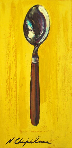 Painting titled "Big Spoon on Yellow" by Atelier N N . Art Store By Nat, Original Artwork, Acrylic Mounted on Wood Stretcher…