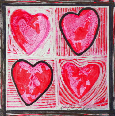 Peinture intitulée "Quatre cœurs" par Atelier N N . Art Store By Nat, Œuvre d'art originale, Acrylique