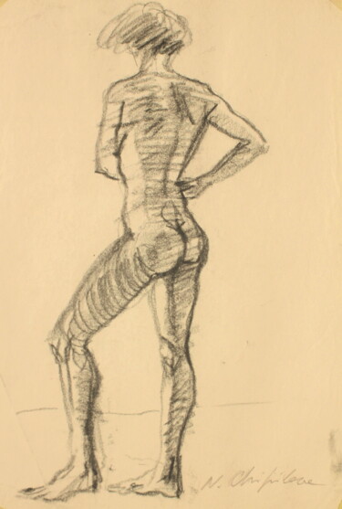 Drawing titled "Nu féminin de dos 1" by Atelier N N . Art Store By Nat, Original Artwork, Charcoal