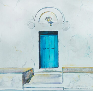 Malerei mit dem Titel "Porte Bleue, 32x32cm" von Atelier N N . Art Store By Nat, Original-Kunstwerk, Aquarell