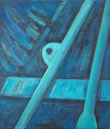 Painting titled "Old Blue Boat" by Atelier N N . Art Store By Nat, Original Artwork, Oil
