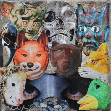 Collages titled "Bas les masques" by Nathalia Chipilova, Original Artwork, Acrylic Mounted on Wood Stretcher frame