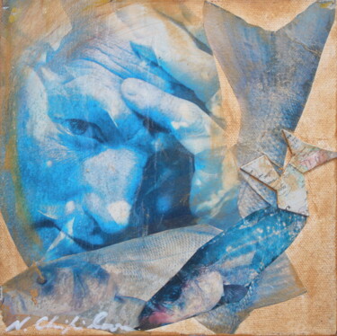 Collages intitolato "Fish Man" da Nathalia Chipilova, Opera d'arte originale, Acrilico Montato su Telaio per barella in legno