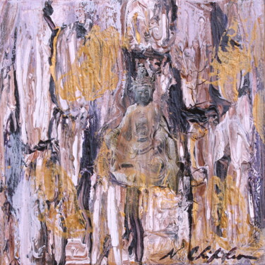 Ζωγραφική με τίτλο "Budda Totem" από Atelier N N . Art Store By Nat, Αυθεντικά έργα τέχνης, Κολάζ Τοποθετήθηκε στο Ξύλινο φο…