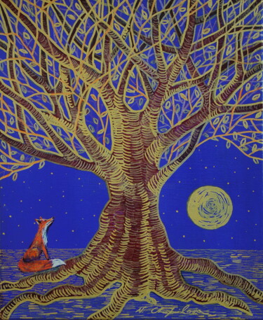 Картина под названием "The Fox Tree" - Atelier N N . Art Store By Nat, Подлинное произведение искусства, Акрил