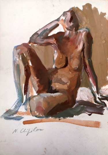Peinture intitulée "Etude de nu assis" par Atelier N N . Art Store By Nat, Œuvre d'art originale, Gouache