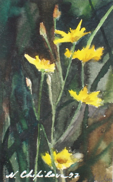 Painting titled "Fleurs jaunes" by Nathalia Chipilova, Original Artwork, Watercolor