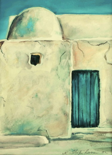 Painting titled "Medina 2, porte ble…" by Atelier N N . Art Store By Nat, Original Artwork, Watercolor Mounted on Cardboard