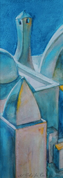 Painting titled "Medina bleue 1, 32x…" by Atelier N N . Art Store By Nat, Original Artwork, Watercolor Mounted on Cardboard