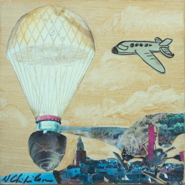 Collagen mit dem Titel "Drone dreams" von Atelier N N . Art Store By Nat, Original-Kunstwerk, Collagen Auf Keilrahmen aus Ho…