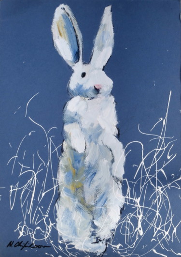 Painting titled "Lapin blanc" by Atelier N N . Art Store By Nat, Original Artwork, Oil