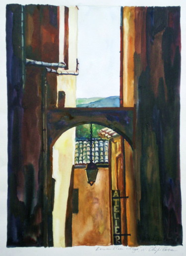 Malerei mit dem Titel "Roussillon, village" von Atelier N N . Art Store By Nat, Original-Kunstwerk, Aquarell