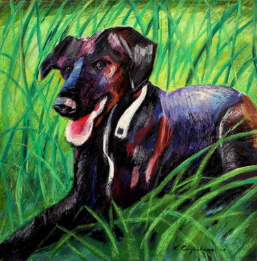 Schilderij getiteld "Labrador noir dans…" door Atelier N N . Art Store By Nat, Origineel Kunstwerk, Acryl