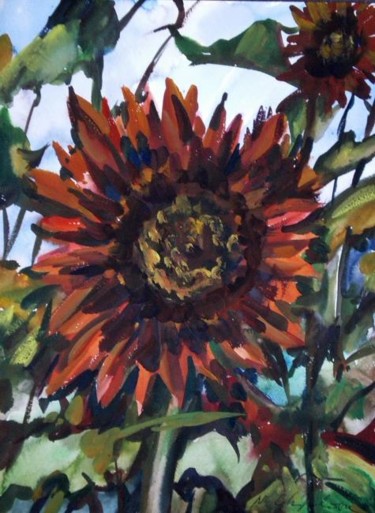 Painting titled "Tournesols rouges" by Atelier N N . Art Store By Nat, Original Artwork, Watercolor