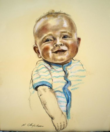 Desenho intitulada "Bébé en chemise ble…" por Atelier N N . Art Store By Nat, Obras de arte originais, Pastel