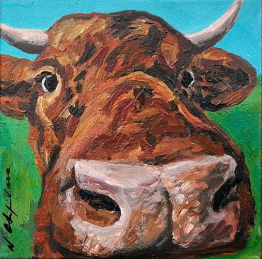 Painting titled "Tête de vache rouss…" by Atelier N N . Art Store By Nat, Original Artwork, Acrylic Mounted on Wood Stretche…