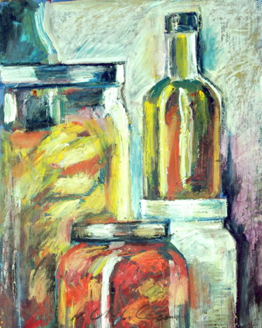 Painting titled "Pots et bouteille e…" by Atelier N N . Art Store By Nat, Original Artwork, Acrylic