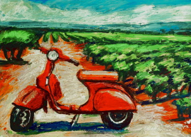 Peinture intitulée "Red Vespa in a field" par Atelier N N . Art Store By Nat, Œuvre d'art originale, Acrylique