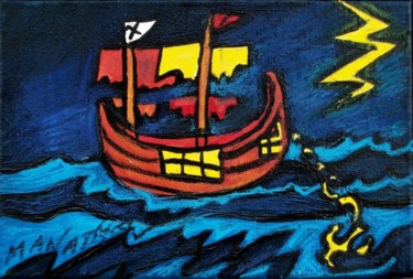 Painting titled "Small Pirate Boat" by Atelier N N . Art Store By Nat, Original Artwork, Acrylic Mounted on Wood Stretcher f…