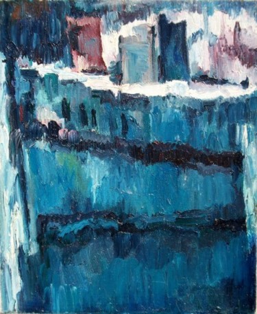 Painting titled "Barque bleue" by Atelier N N . Art Store By Nat, Original Artwork, Oil Mounted on Wood Stretcher frame