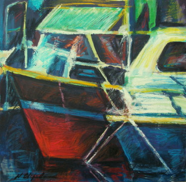 Painting titled "Port de pêche, Meze" by Nathalia Chipilova, Original Artwork, Acrylic Mounted on Wood Stretcher frame