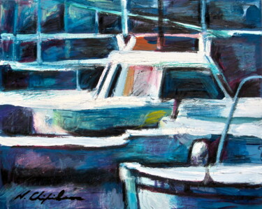 Pittura intitolato "Port de pêche bleu,…" da Atelier N N . Art Store By Nat, Opera d'arte originale, Acrilico Montato su Tel…