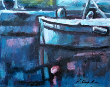 Painting titled "Port bleu de Saint-…" by Nathalia Chipilova, Original Artwork, Acrylic Mounted on Wood Stretcher frame