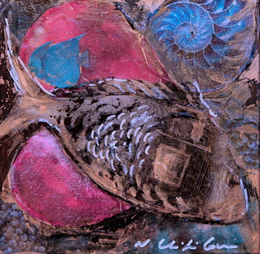Κολάζ με τίτλο "Ichtus" από Atelier N N . Art Store By Nat, Αυθεντικά έργα τέχνης, Κολάζ Τοποθετήθηκε στο Ξύλινο φορείο σκελ…