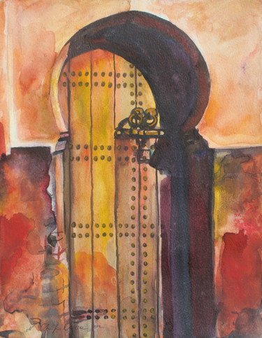 Painting titled "Porte Rouge" by Atelier N N . Art Store By Nat, Original Artwork, Watercolor Mounted on Cardboard