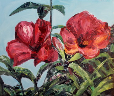 Painting titled "Fleurs rouges" by Nathalia Chipilova, Original Artwork, Oil Mounted on Wood Stretcher frame