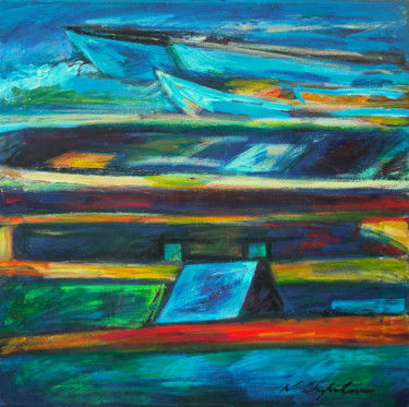 Painting titled "Barques sur la plage" by Nathalia Chipilova, Original Artwork, Acrylic Mounted on Wood Stretcher frame