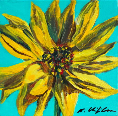 Painting titled "Fleur jaune 1" by Nathalia Chipilova, Original Artwork, Acrylic Mounted on Wood Stretcher frame