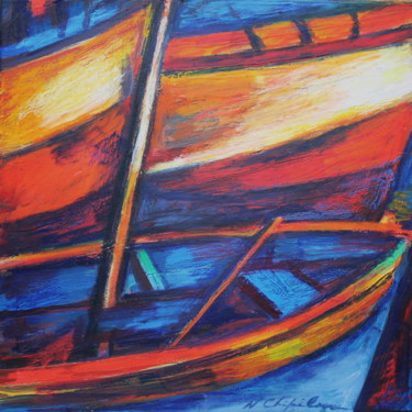 Painting titled "Barques de pêche1" by Nathalia Chipilova, Original Artwork, Acrylic Mounted on Wood Stretcher frame