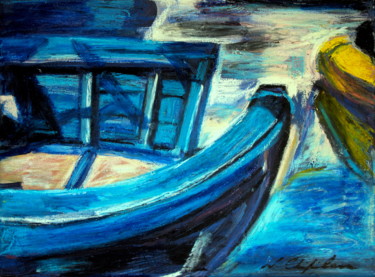 Painting titled "Barque Bleue, port…" by Atelier N N . Art Store By Nat, Original Artwork, Acrylic