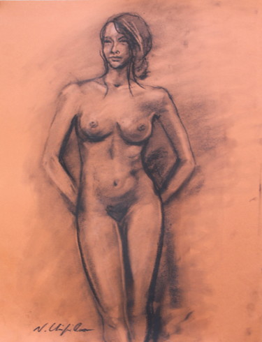 Drawing titled "Nu de jeune fille" by Nathalia Chipilova, Original Artwork, Charcoal