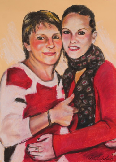 Drawing titled "Mère et fille" by Atelier N N . Art Store By Nat, Original Artwork, Pastel