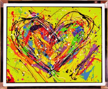 Peinture intitulée "Coeur abstrait jaune" par Tess, Œuvre d'art originale, Acrylique Monté sur Plexiglas