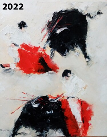 Painting titled "Corrida à Pampelune" by Maria Tinoco, Original Artwork, Oil Mounted on artwork_cat.