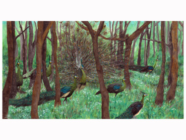 Painting titled "Peacocks/ Staring a…" by Athanasia Karatza, Original Artwork, Acrylic Mounted on Other rigid panel